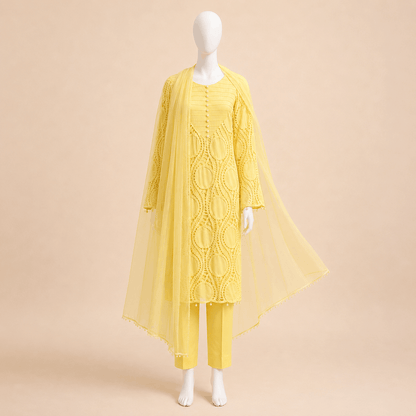 Lemon Yellow Pearl-Button Lawn Crochet work 3-Piece Suit With Lining– 0073M