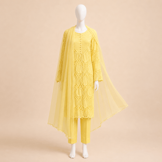 Lemon Yellow Pearl-Button Lawn Crochet work 3-Piece Suit With Lining– 0073M
