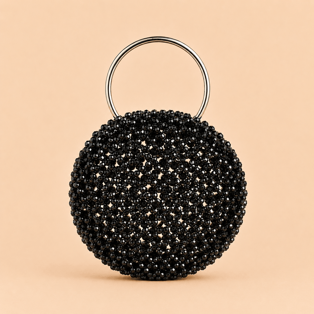 Noir Crystal Beaded Round Evening Bag with Gold Ring Handle – 0102M