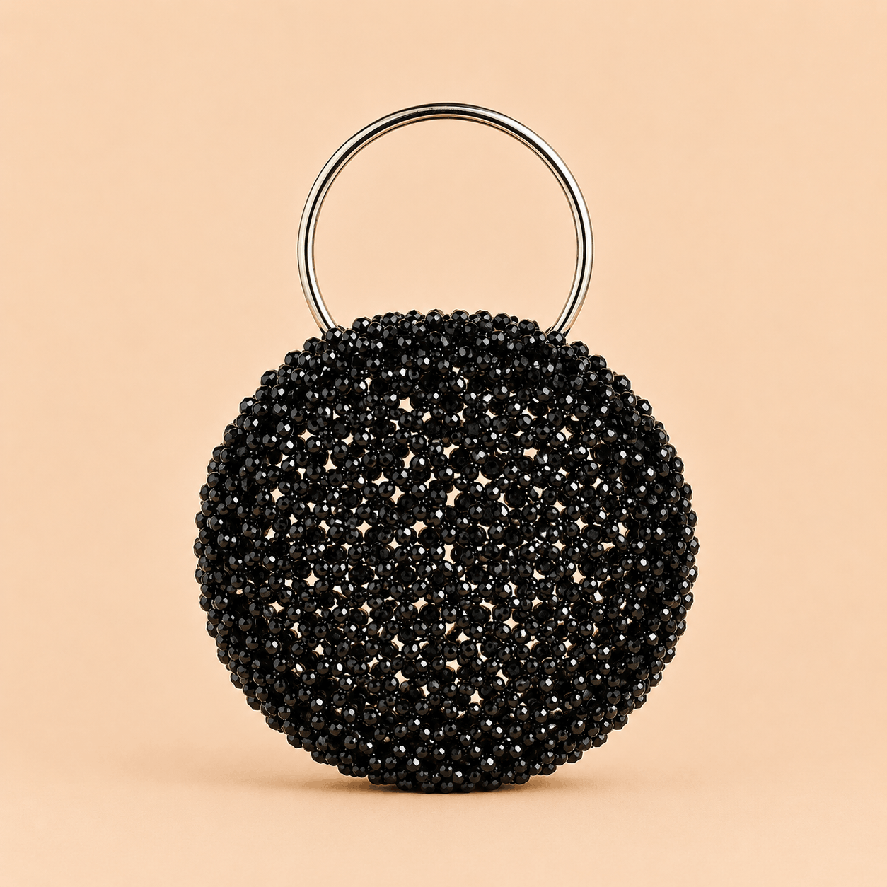 Noir Crystal Beaded Round Evening Bag with Gold Ring Handle – 0102M