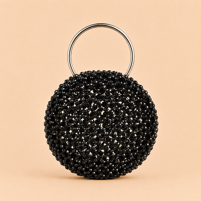 Noir Crystal Beaded Round Evening Bag with Gold Ring Handle – 0102M