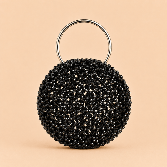 Noir Crystal Beaded Round Evening Bag with Gold Ring Handle – 0102M