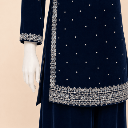 Midnight Navy Velvet Embellished 3-Piece Formal Suit – 0096M