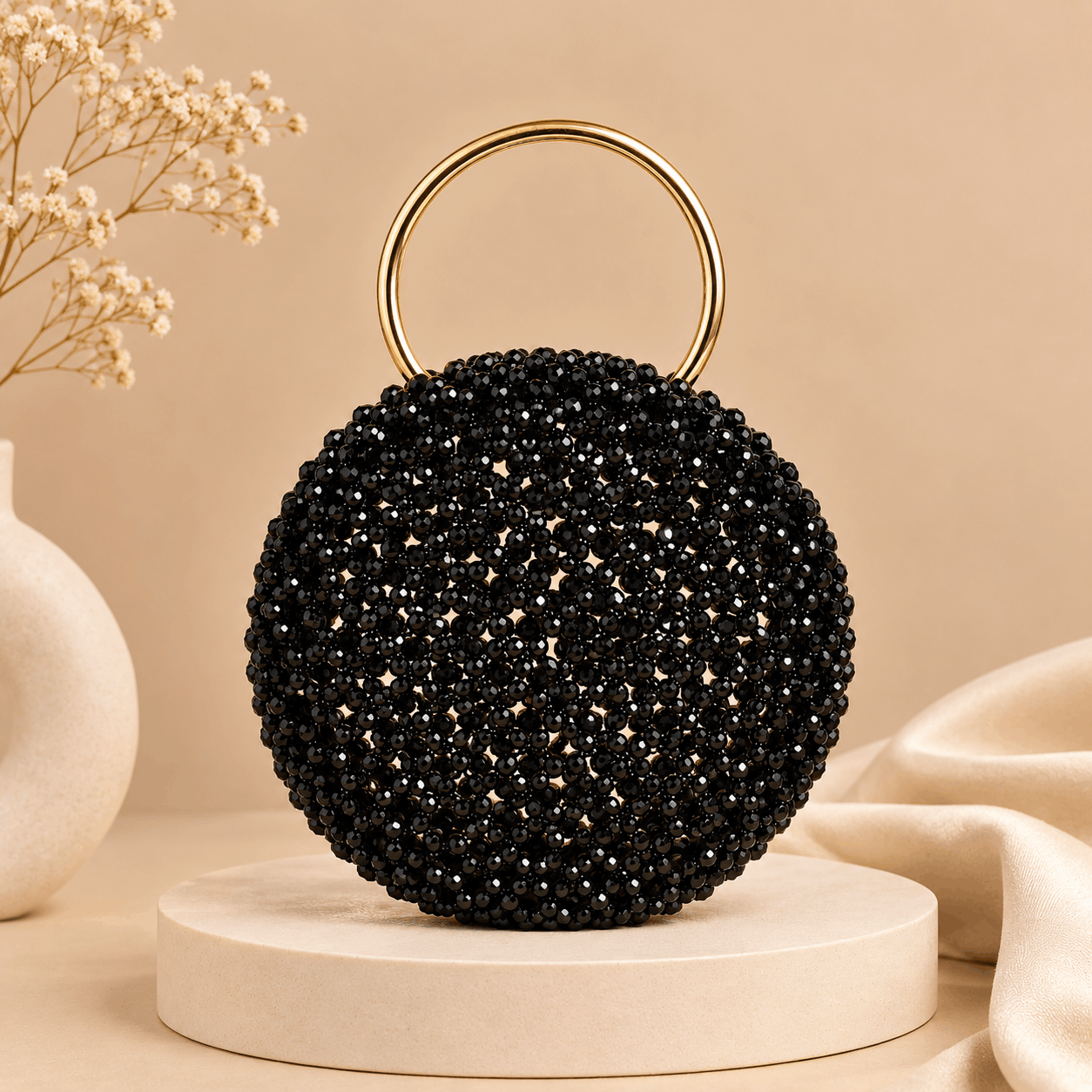 Noir Crystal Beaded Round Evening Bag with Gold Ring Handle – 0102M
