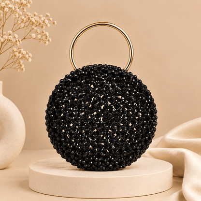 Noir Crystal Beaded Round Evening Bag with Gold Ring Handle – 0102M