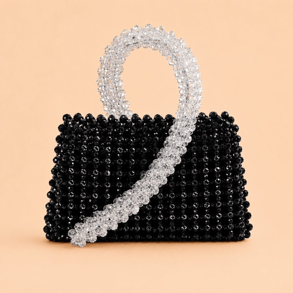 Midnight Crystal Beaded Mini Handbag with Clear Beaded Handle – 0104M