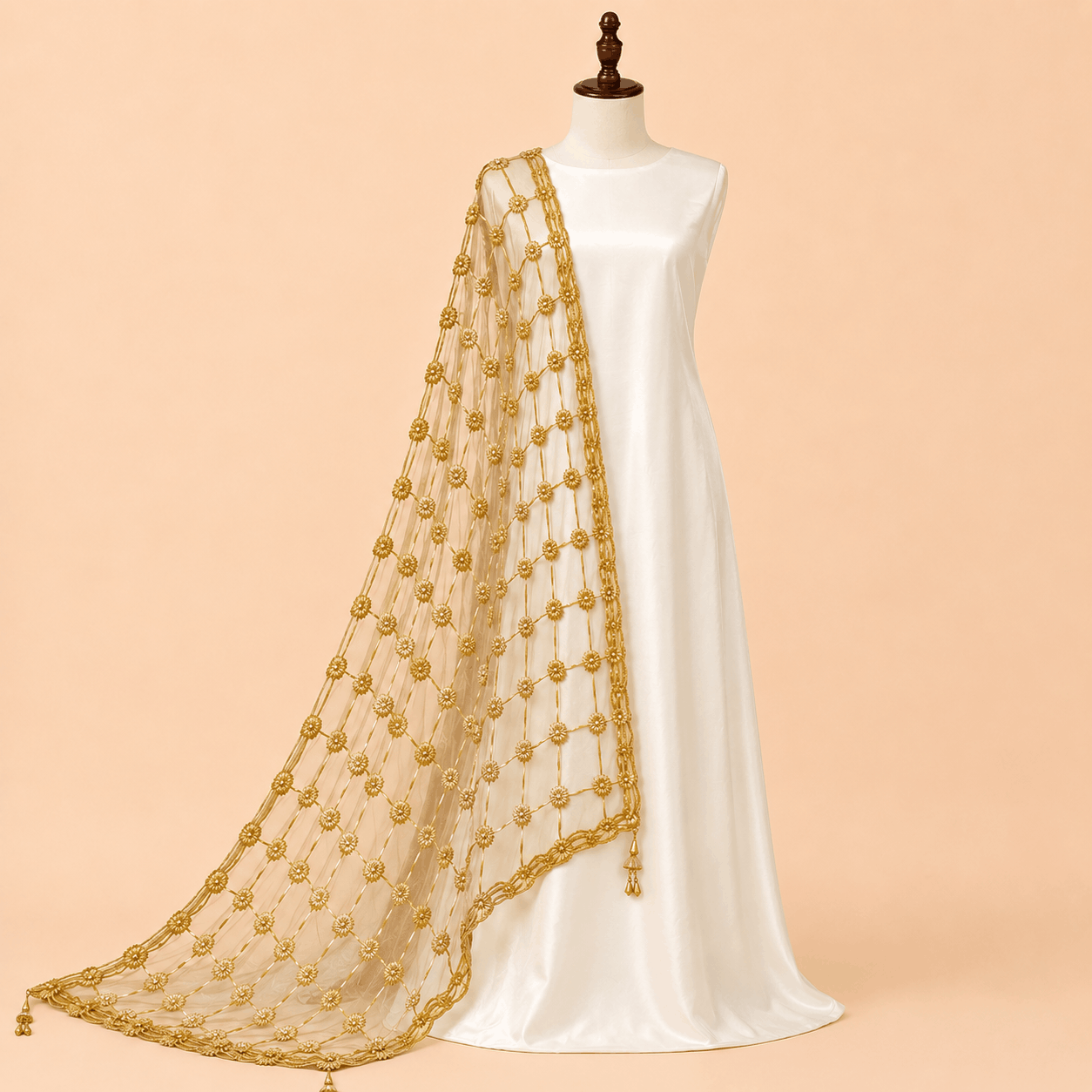 Ivory Gold Embroidered Net Dupatta – 0111M