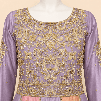 Pastel Lavender & Peach Gold Embroidered Double long Dupatta Bridal Anarkali Maxi – 0100M