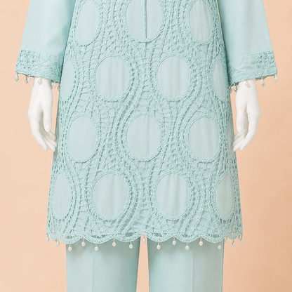 Elegant light blue Crochet Lace 2-Piece Suit with Pearl Drops – 0116M
