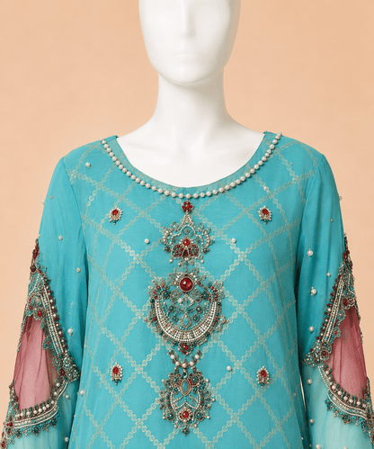 Aqua Jewel Embellished 3-Piece Suit – 0134M