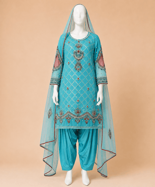 Aqua Jewel Embellished 3-Piece Suit – 0134M