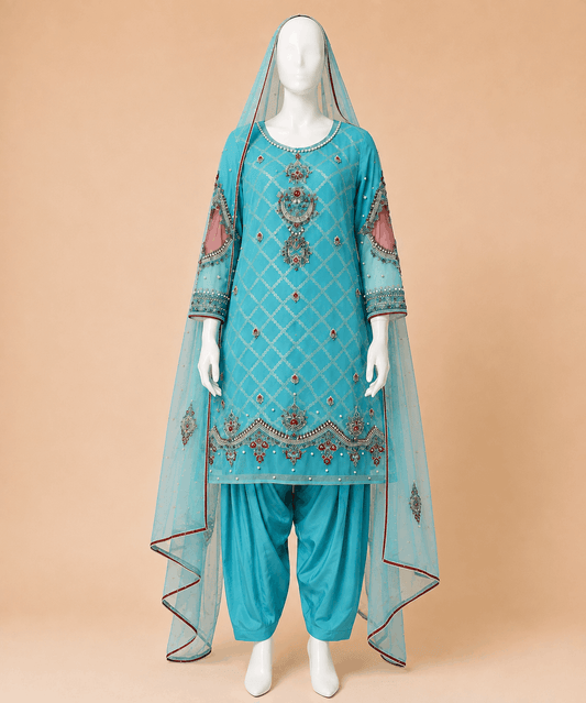 Aqua Jewel Embellished 3-Piece Suit – 0134M