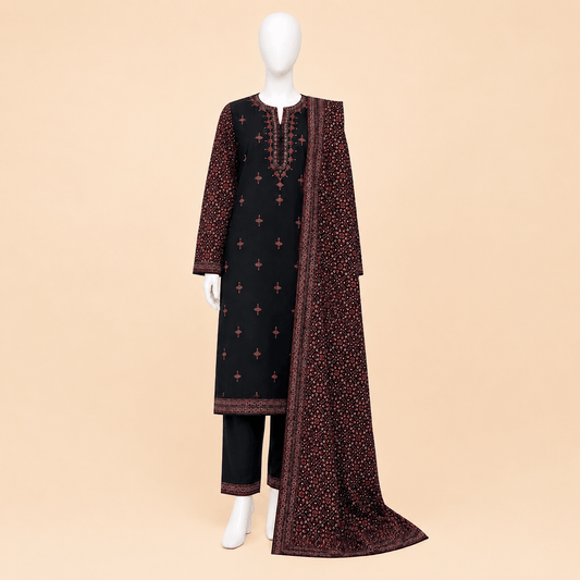 Black & Maroon Traditional Ajrak Print Unstitched 3-Piece Suit – 0112M