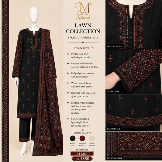 Black & Maroon Traditional Ajrak Print Unstitched 3-Piece Suit – 0112M