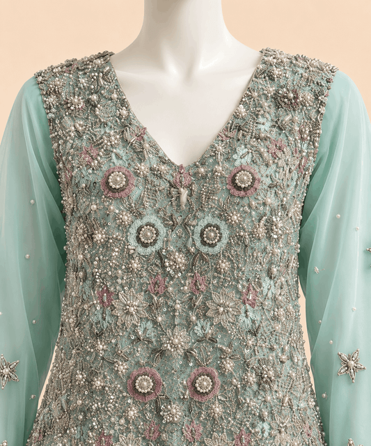 Mint Aqua Hand-Embellished Peplum & Gharara Set – 0146M