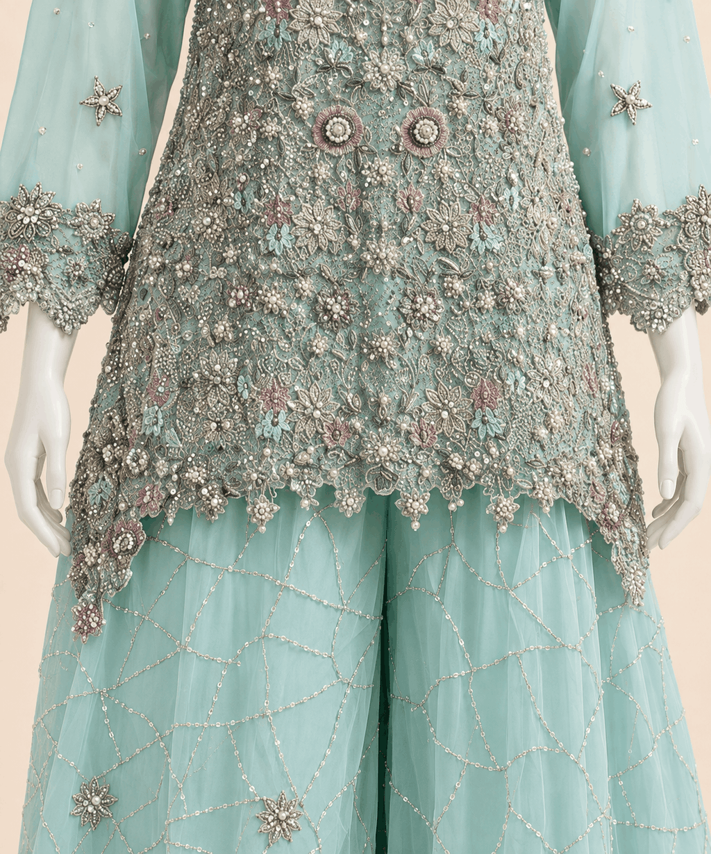 Mint Aqua Hand-Embellished Peplum & Gharara Set – 0146M