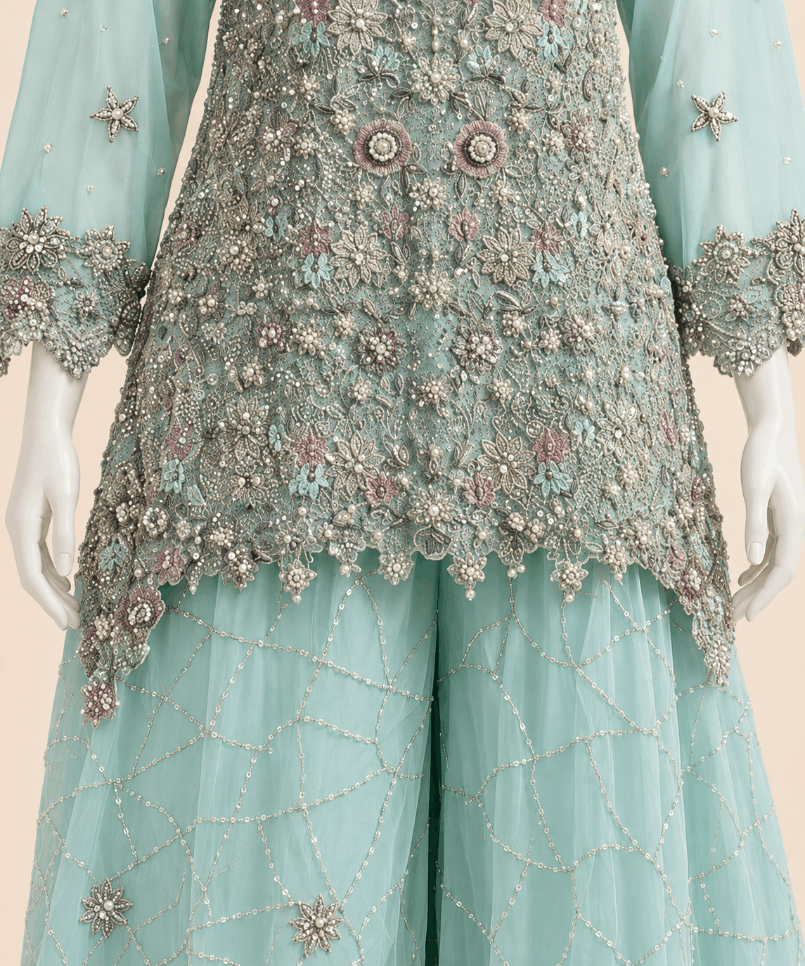 Mint Aqua Hand-Embellished Peplum & Gharara Set – 0146M