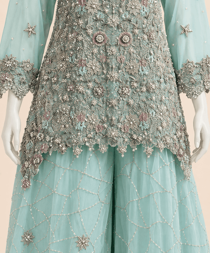 Mint Aqua Hand-Embellished Peplum & Gharara Set – 0146M