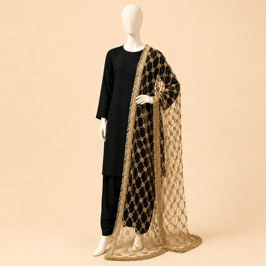 Black & Antique Gold Embellished Handmade Dupatta – 0129M