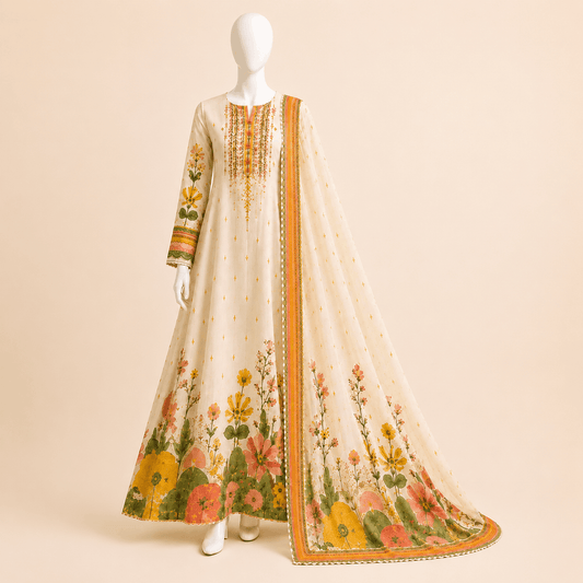 Pastel Garden Ivory Floral 2-Piece Printed Suit Frock with Chiffon Dupatta – 0117M
