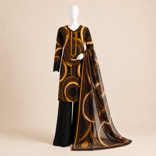 Noir Orbit Abstract Printed 3-Piece Lawn Suit with Chiffon Dupatta – 0119M