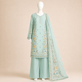 Mint Blossom Floral Printed 3-Piece Suit with Chiffon Dupatta – 0120M