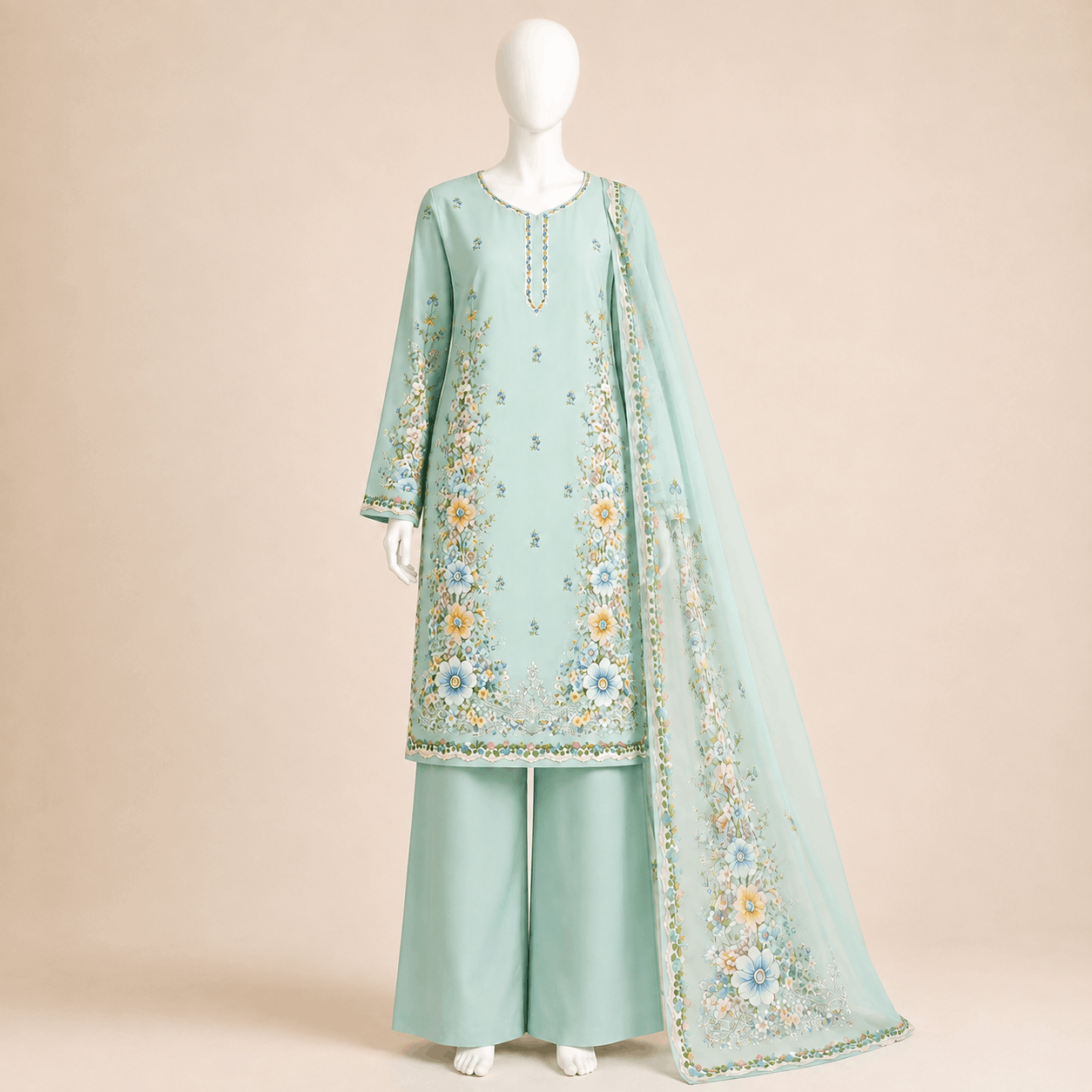 Mint Blossom Floral Printed 3-Piece Suit with Chiffon Dupatta – 0120M