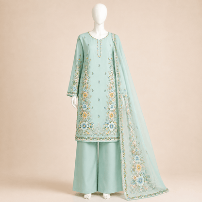 Mint Blossom Floral Printed 3-Piece Suit with Chiffon Dupatta – 0120M