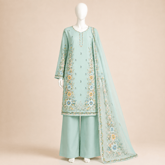 Mint Blossom Floral Printed 3-Piece Suit with Chiffon Dupatta – 0120M