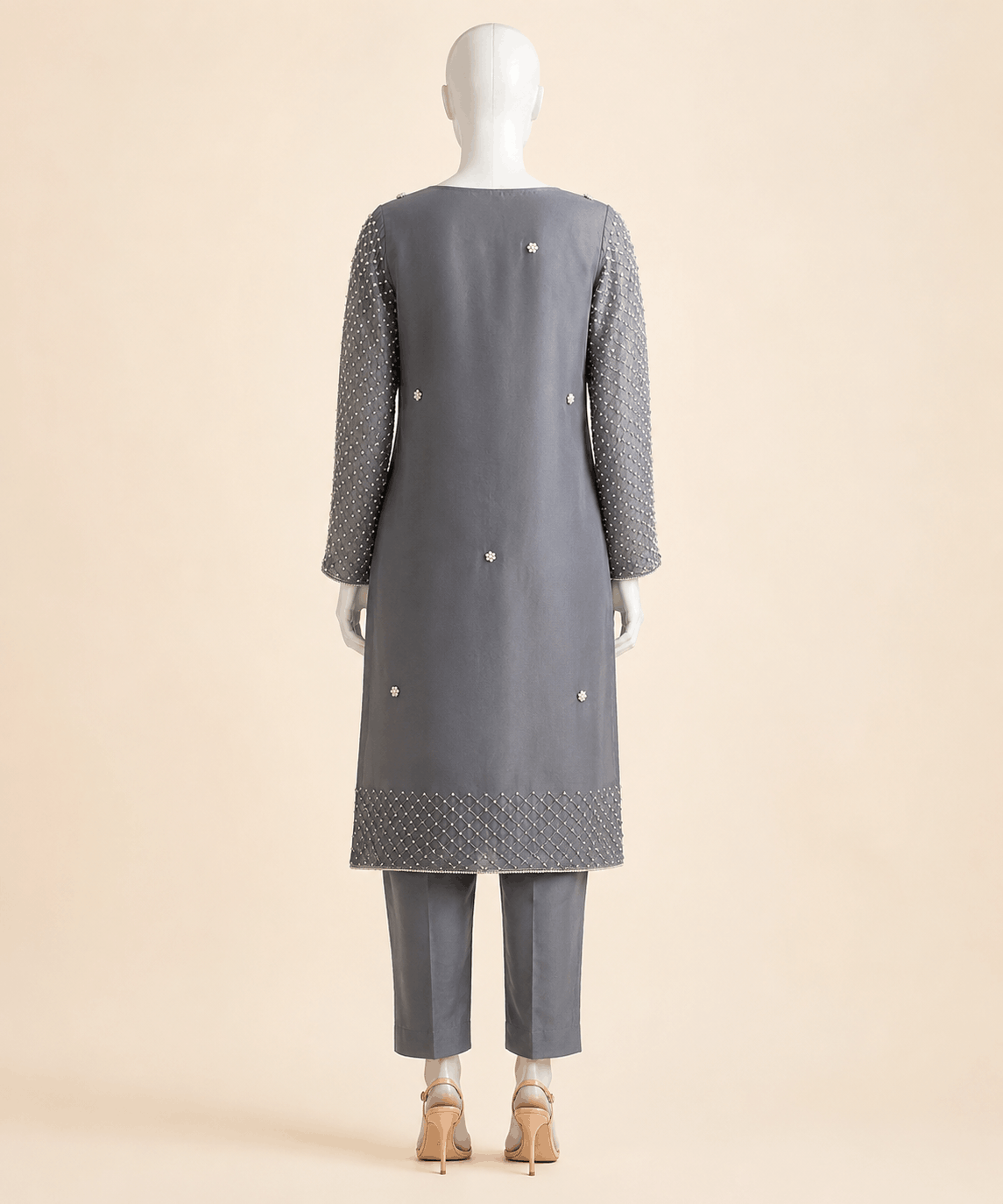 Slate Grey Pearl-Embroidered Kurta Set – 0135M