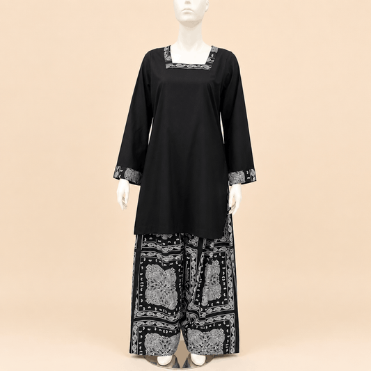 Monochrome Paisley Square-Neck Shirt with Printed Farshi shalwar – 0074M