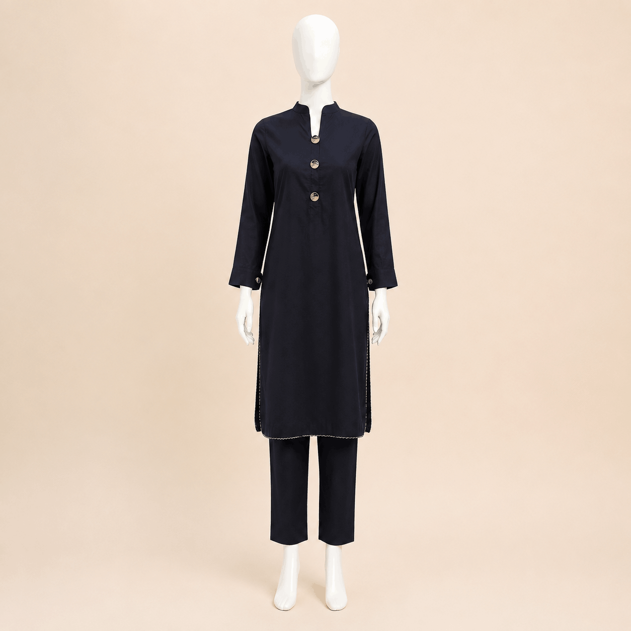 Premium Lawn Midnight Black Mandarin-Collar Button Cuff Button Detail 2-Piece Suit – 0075M