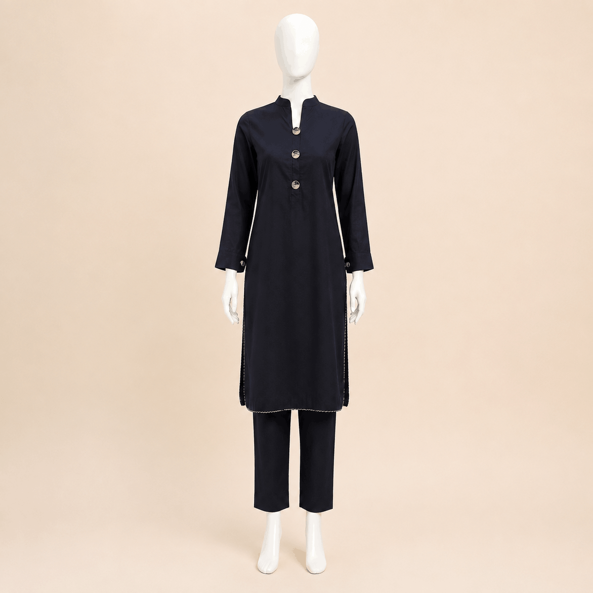Premium Lawn Midnight Black Mandarin-Collar Button Cuff Button Detail 2-Piece Suit – 0075M