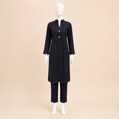 Premium Lawn Midnight Black Mandarin-Collar Button Cuff Button Detail 2-Piece Suit – 0075M