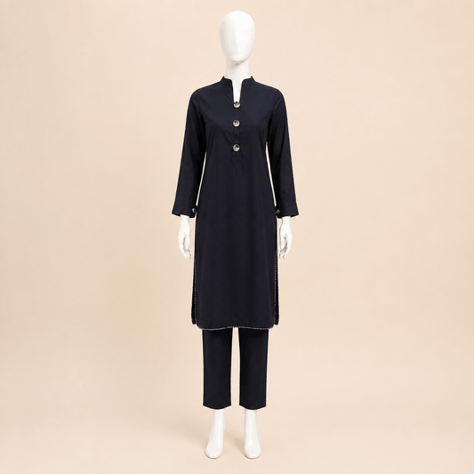 Premium Lawn Midnight Black Mandarin-Collar Button Cuff Button Detail 2-Piece Suit – 0075M