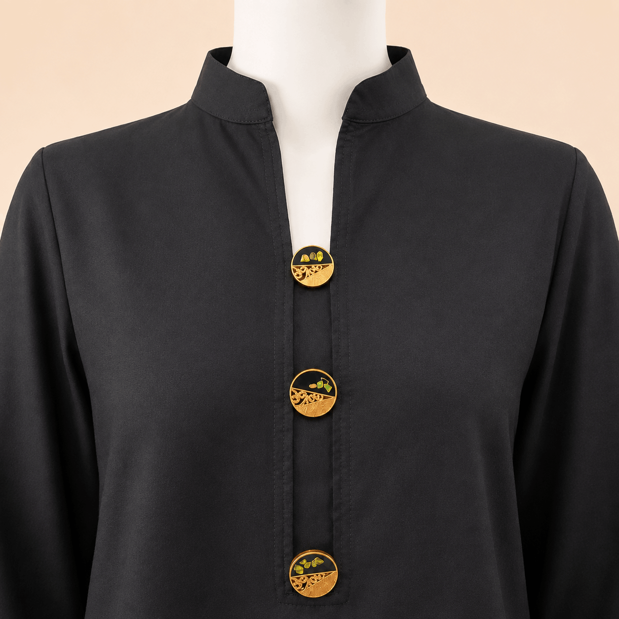 Premium Lawn Midnight Black Mandarin-Collar Button Cuff Button Detail 2-Piece Suit – 0075M