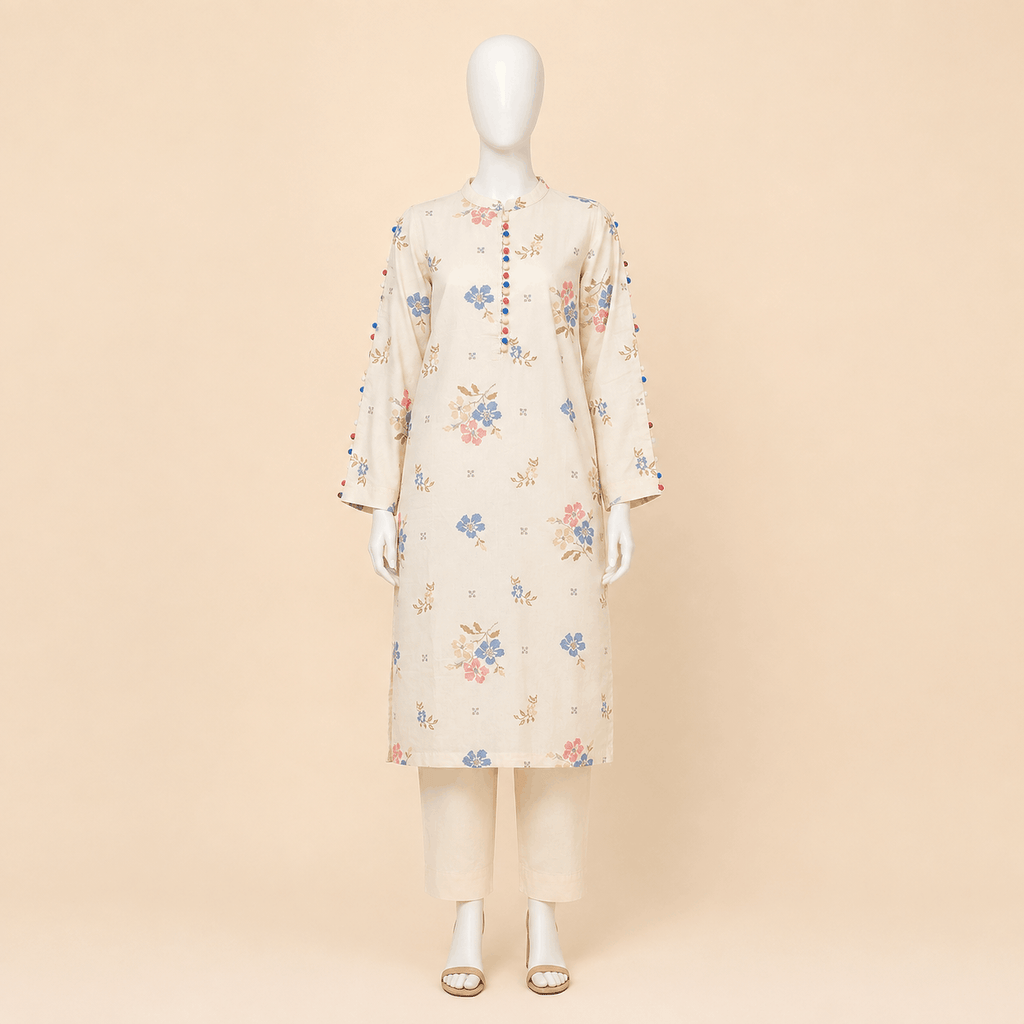 Ivory Bloom Floral Embroidery 2-Piece Lawn Suit – 0083M