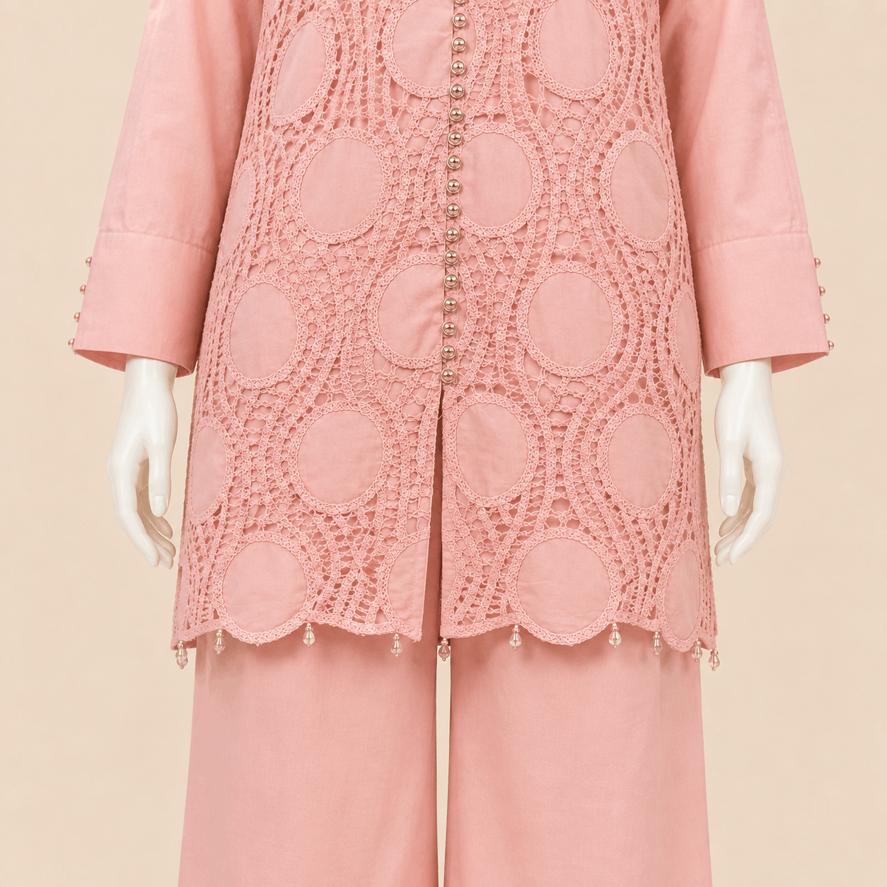Blush Pink Button-Cuff Embroidery crochet Lawn 2-Piece Suit – 0084M