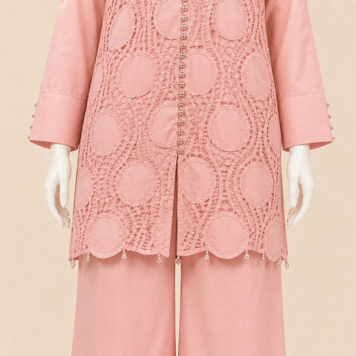 Blush Pink Button-Cuff Embroidery crochet Lawn 2-Piece Suit – 0084M