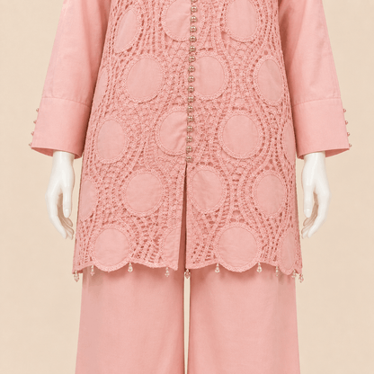 Blush Pink Button-Cuff Embroidery crochet Lawn 2-Piece Suit – 0084M