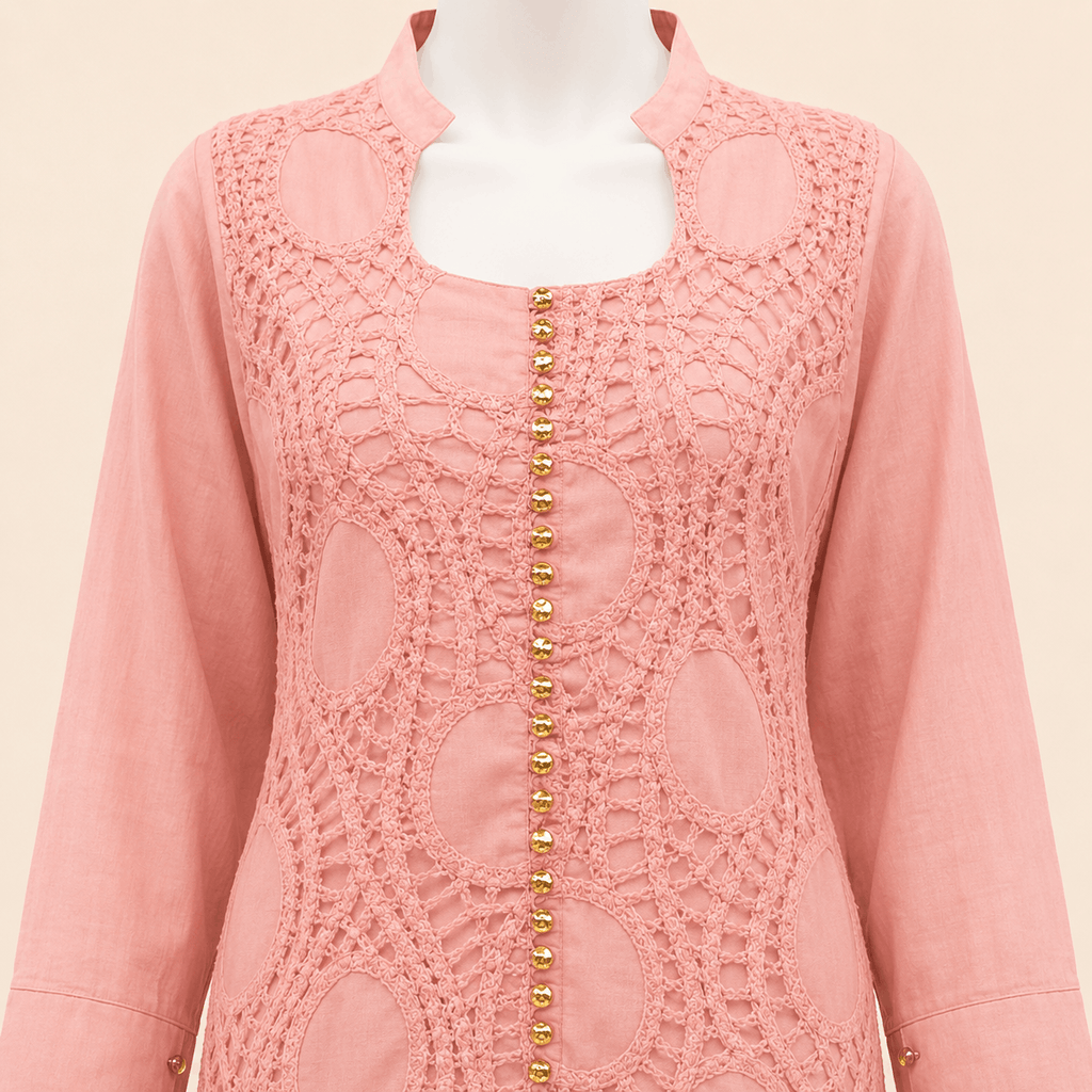 Blush Pink Button-Cuff Embroidery crochet Lawn 2-Piece Suit – 0084M