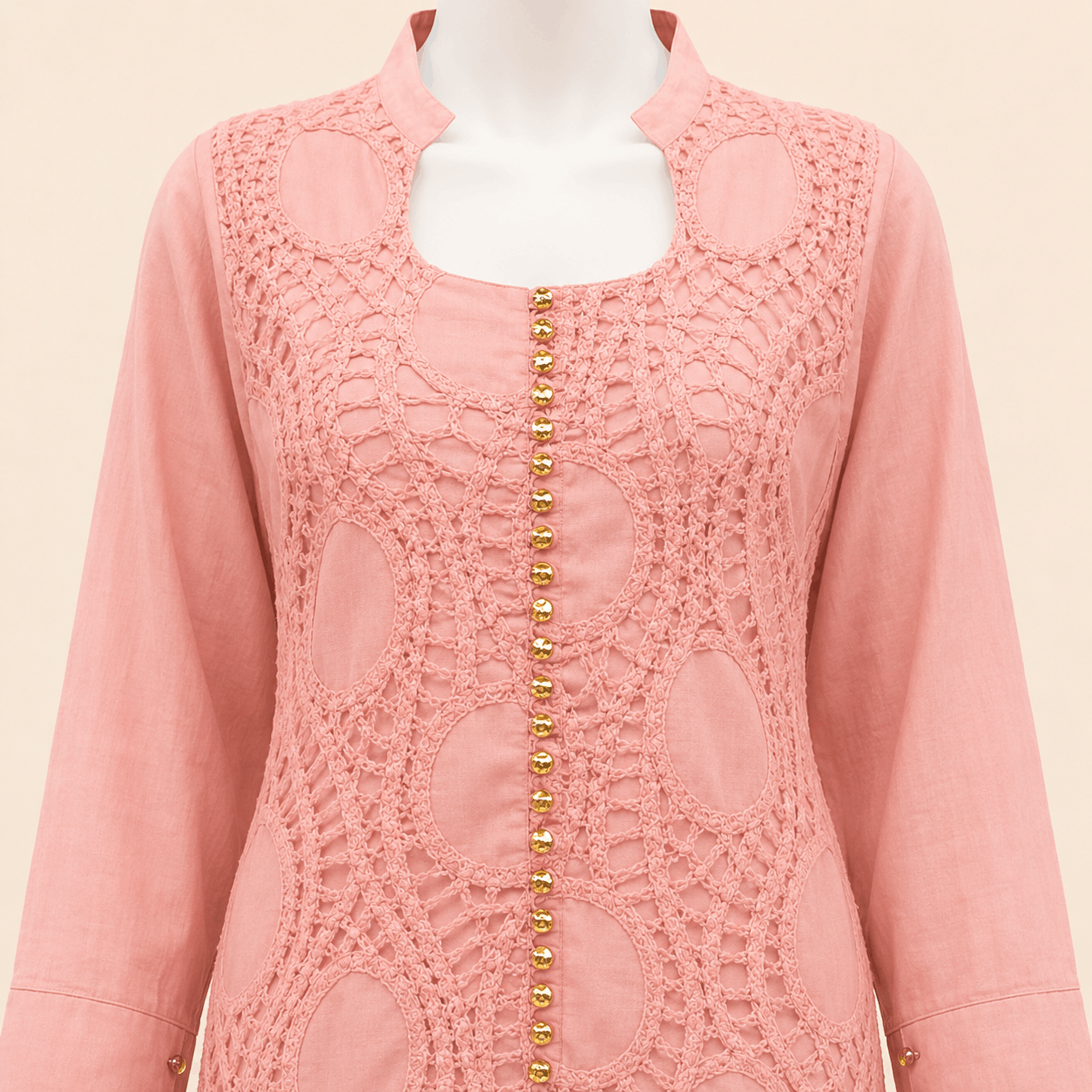 Blush Pink Button-Cuff Embroidery crochet Lawn 2-Piece Suit – 0084M