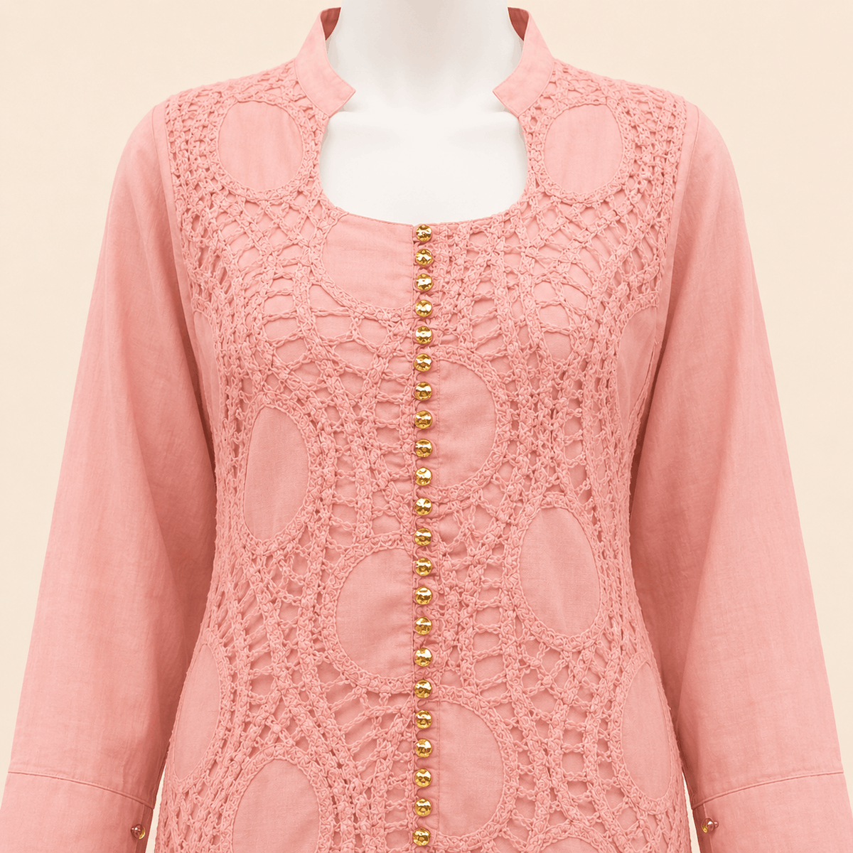 Blush Pink Button-Cuff Embroidery crochet Lawn 2-Piece Suit – 0084M
