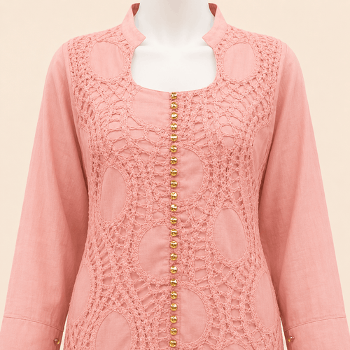 Blush Pink Button-Cuff Embroidery crochet Lawn 2-Piece Suit – 0084M