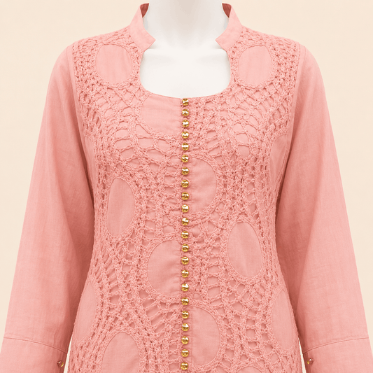 Blush Pink Button-Cuff Embroidery crochet Lawn 2-Piece Suit – 0084M