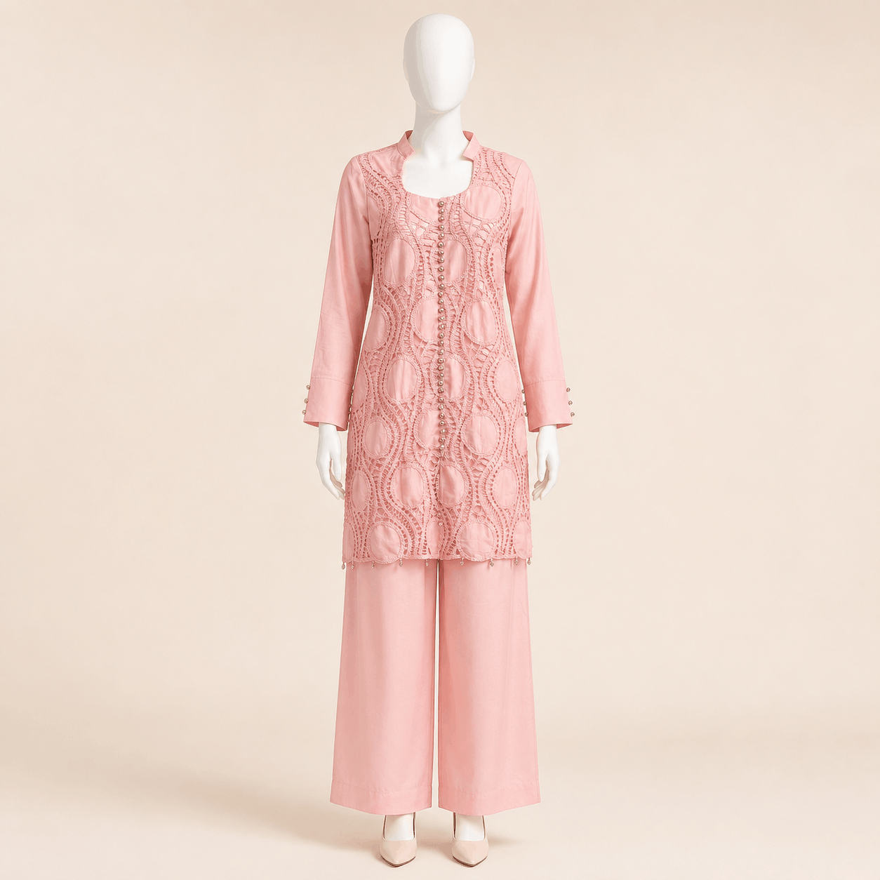 Blush Pink Button-Cuff Embroidery crochet Lawn 2-Piece Suit – 0084M