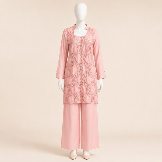 Blush Pink Button-Cuff Embroidery crochet Lawn 2-Piece Suit – 0084M