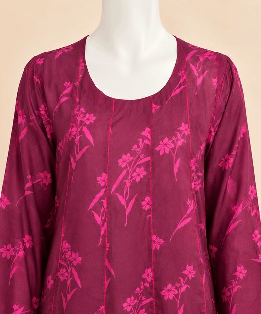 Magenta Floral Panelled kaliyon Short Frock Lawn – 0085M