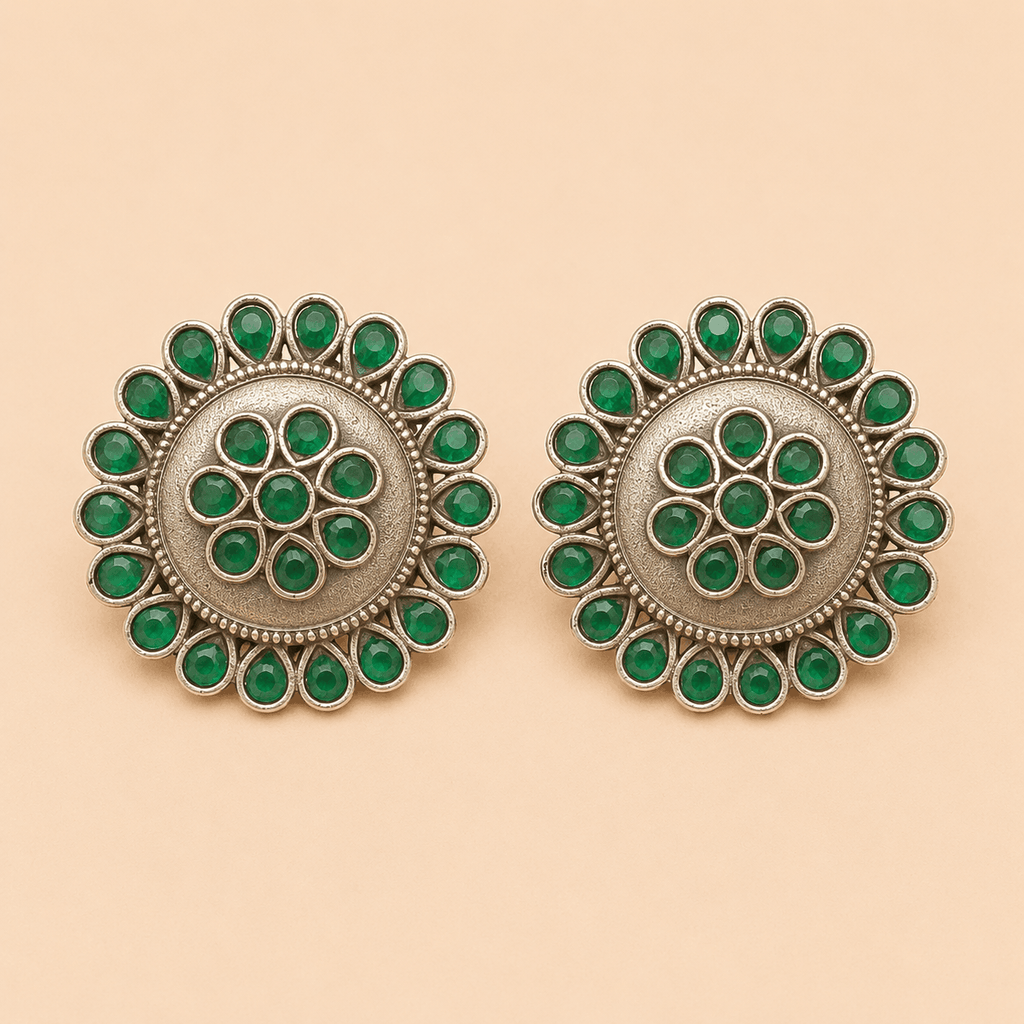 Traditional Round Stone Tops – Antique Silver Ethnic Stud Earrings 0035M