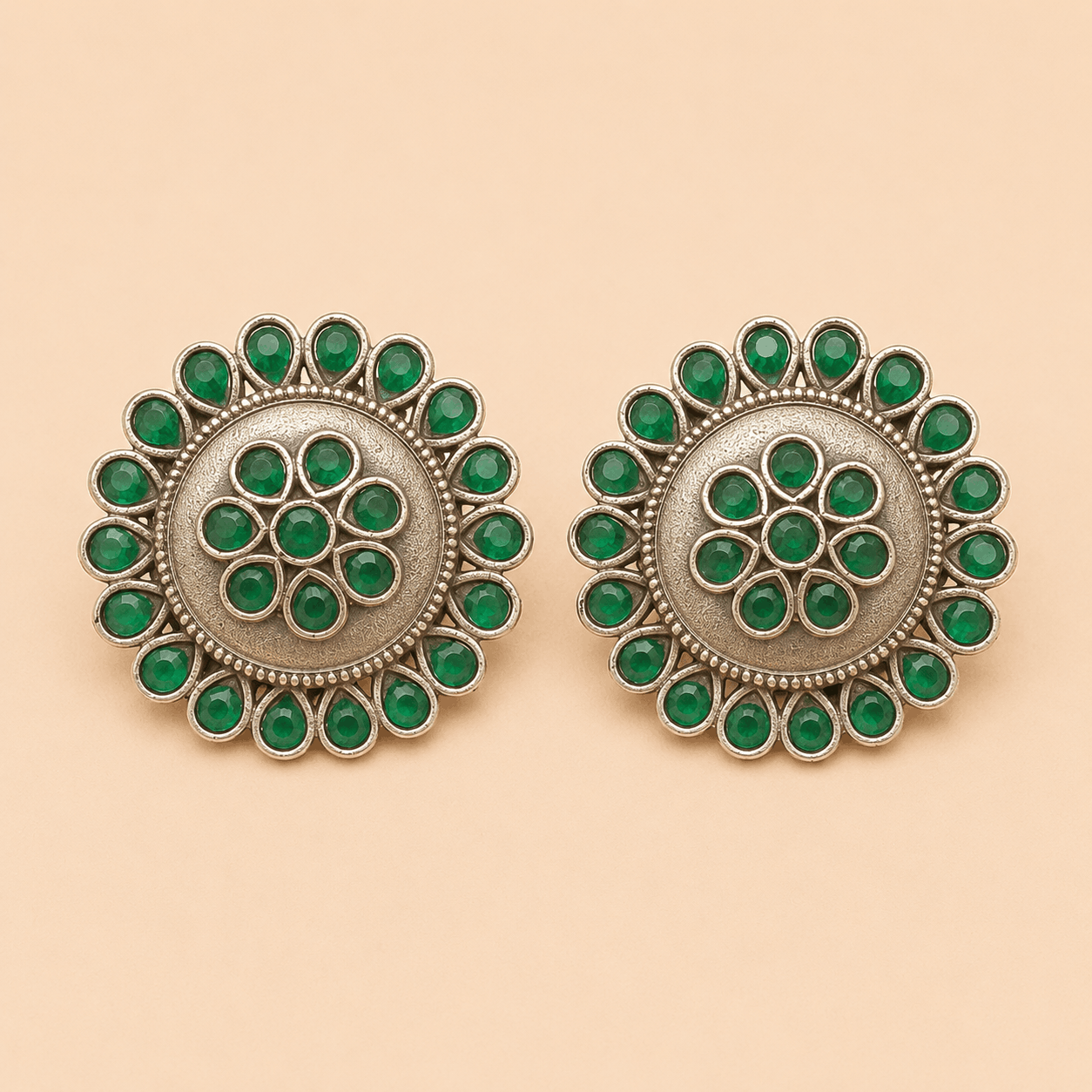 Traditional Round Stone Tops – Antique Silver Ethnic Stud Earrings 0035M